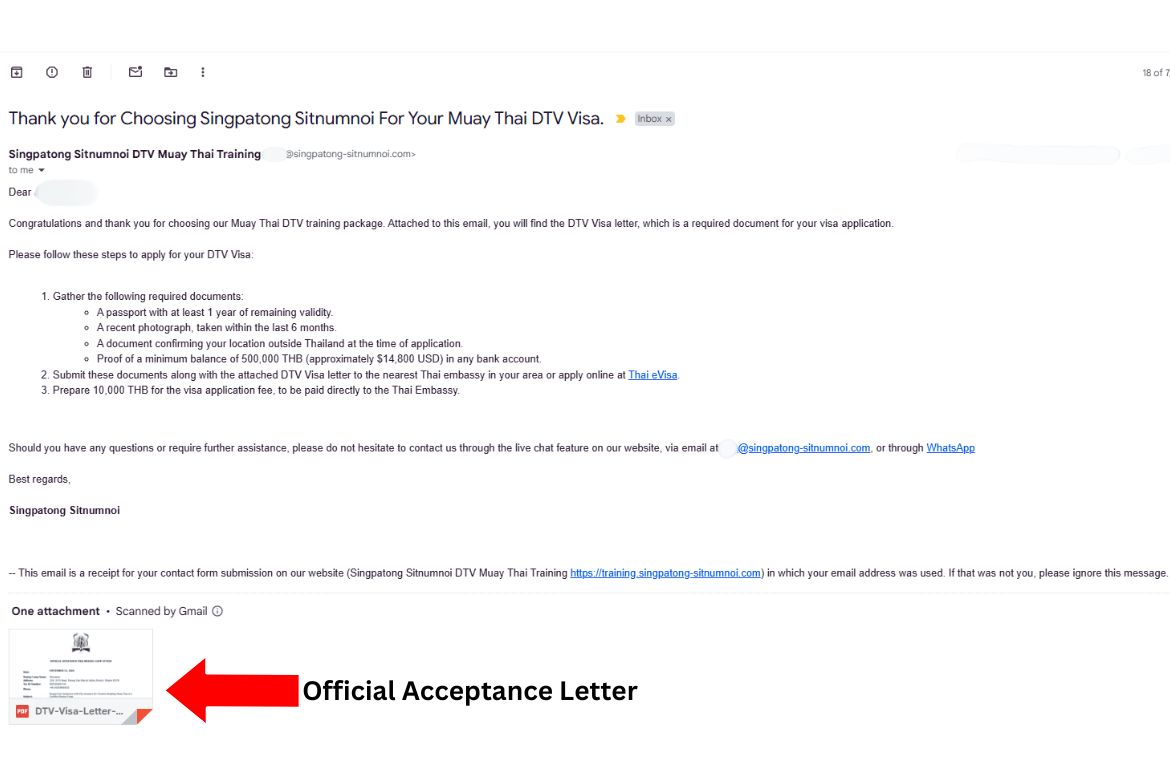 email with attached muay thai dtv official acceptance letter.